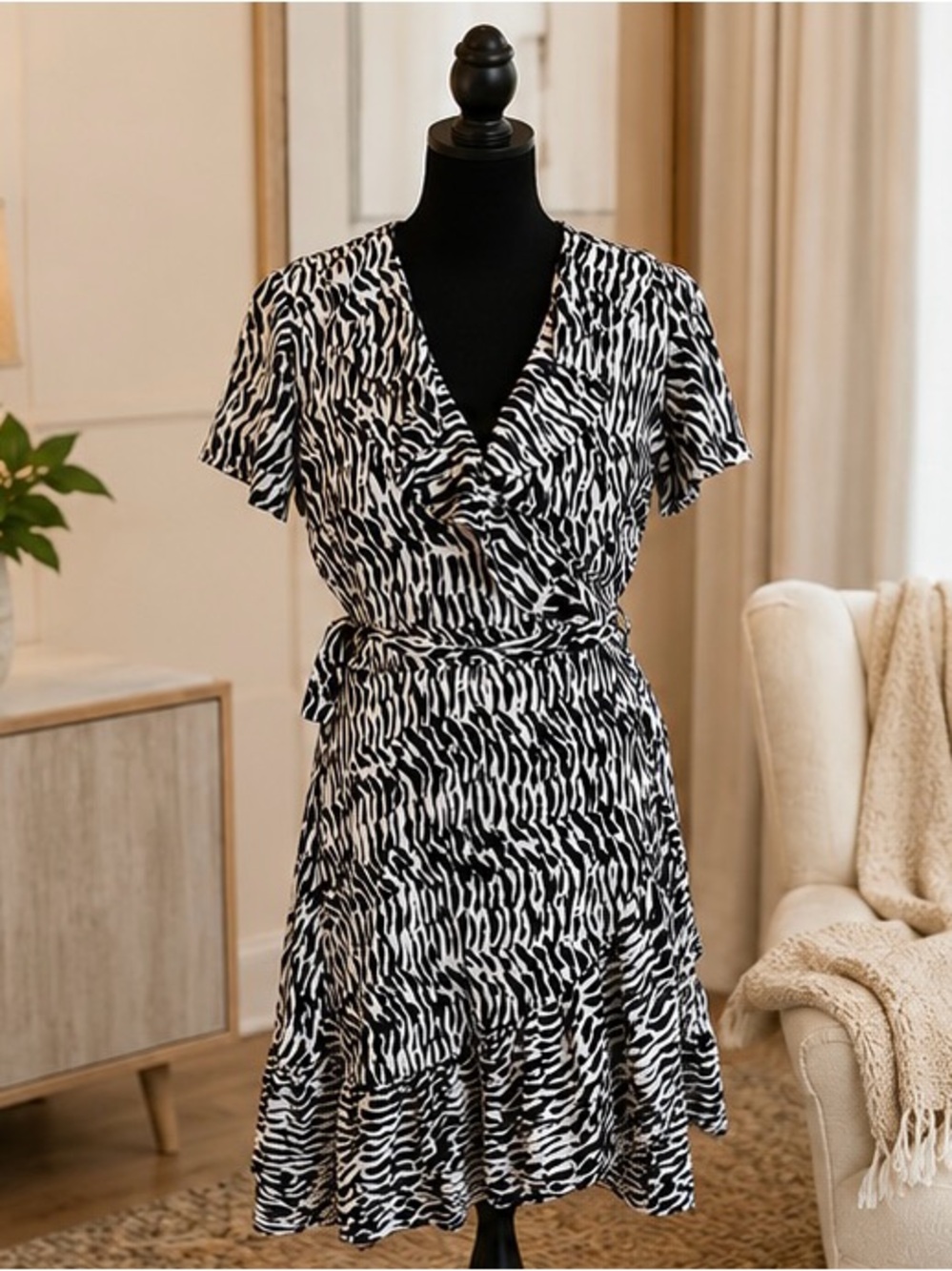 INC International Concepts Black & White Zebra Wrap Mini Dress